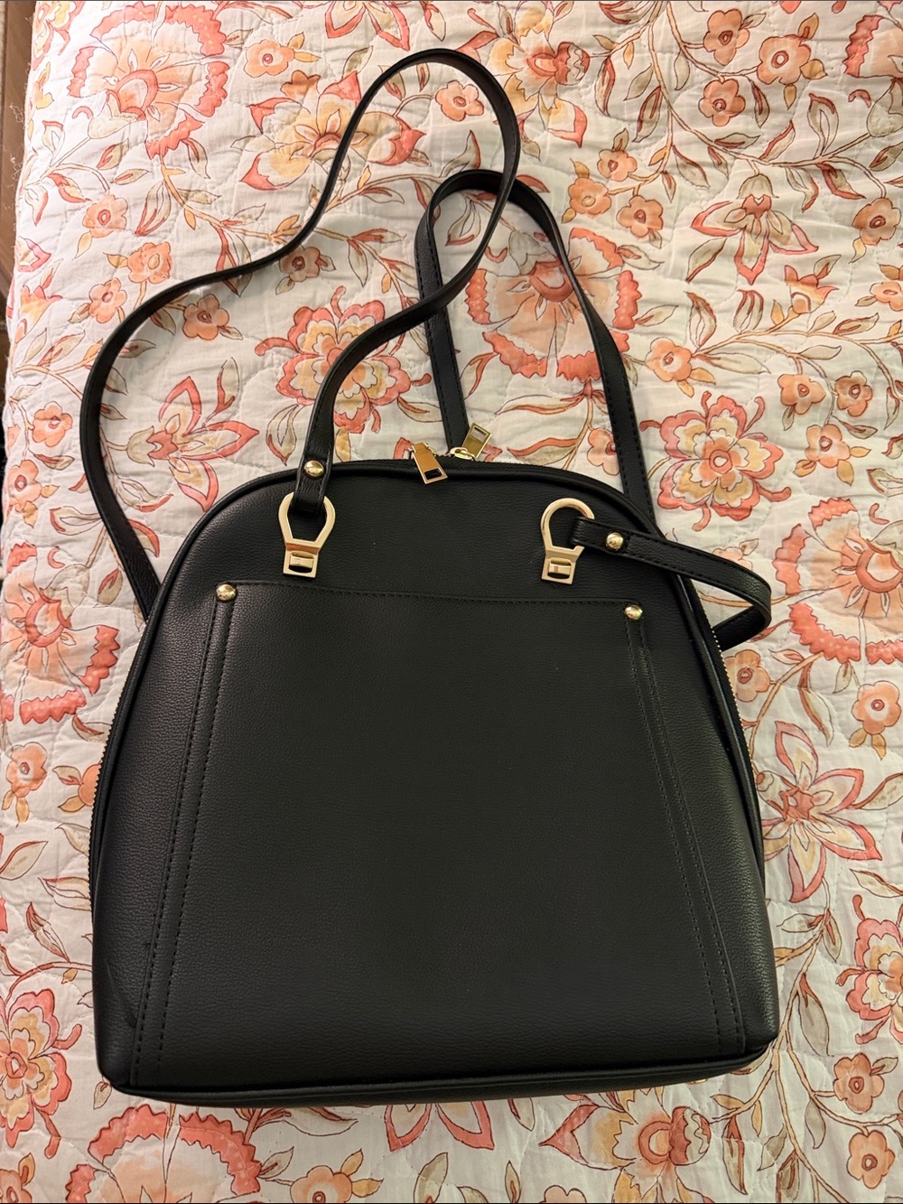 Classic Black Leather-Look Dome Crossbody Bag - Elegant Everyday Style
